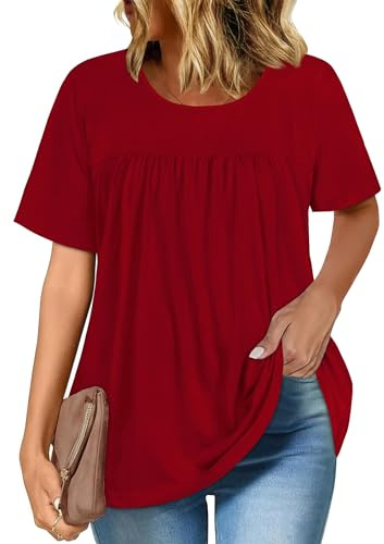 Women Summer Round Neck Tops Ladies Casual Floral T Shirt Short Sleeve Front Pleated Flowy Tunic Blouse(Solid Red, XL)