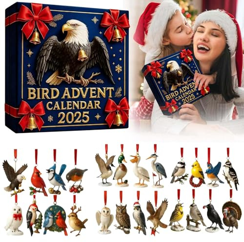 Vogel Adventskalender 2025, 24 Tage Acryl Vogel Figuren Weihnachten Countdown Kalender, Weihnachtsbaumschmuck Eulen & Rotkehlchen Adventskalender, Weißer Adler Vögel Ornament Anhänger