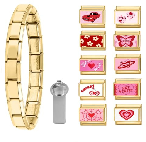 Loozykit Italian Charm Bracelet Charms Set Gold Silber 10pcs Italian Charms Set mit Öffnungswerkzeug Armband Abnehmbar 9mm charms für Italienische Armbänder DIY Geschenk (Gold rotes Auto)