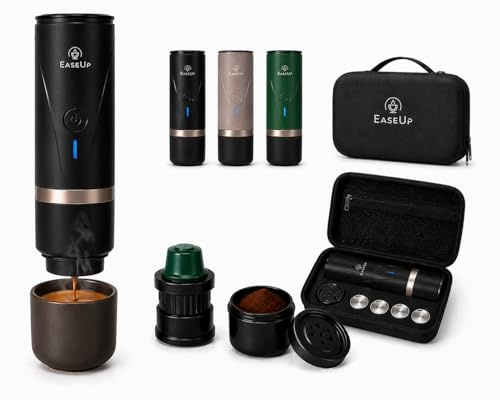 EaseUp Machine à Café Portable Rechargeable 2en1 avec étui de transport – Cafetière portable compatible Capsules Espresso & Café Moulu Pour Voyage, Camping, Voiture (Noir)