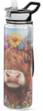 Cgiub Highland Cow with Flowers Sports Water Bottle with Leak Proof Straw Lid 1000 ML BPA-Free Reusable Tritan Plastic Water Bottle for School Outdoor Sports and Travel