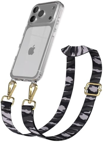 EAZY CASE Handykette - Verstellbares Taschenband kompatibel mit iPhone 17 Pro, Schulterriemen, Handykordel mit Silikon Hülle, Umhängetasche, Grau Camouflage Gold