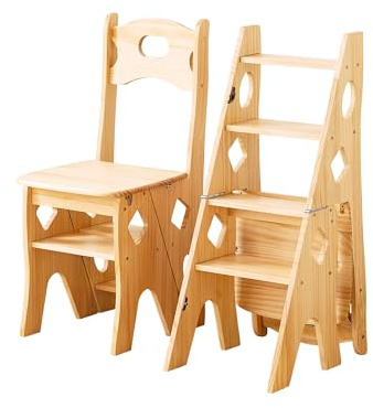 MumaHome Sedia Scala 2 in 1 in Legno Massiccio, Arredo Multiuso, Mobile Versatile Seduta e Piccola Scala per Casa Cucina Camera, Colore Naturale