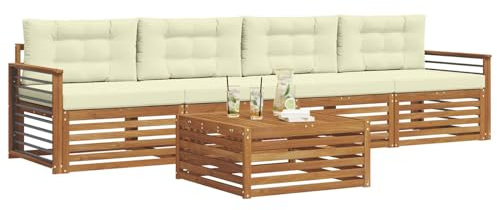 vidaXL Outdoor-Sofagarnitur mit Kissen 5 pcs Natur und Creme, Gartenlounge, modernes Outdoor-Sofa, Sitzmöbel für die Terrasse, langlebige Komfort-Einheit