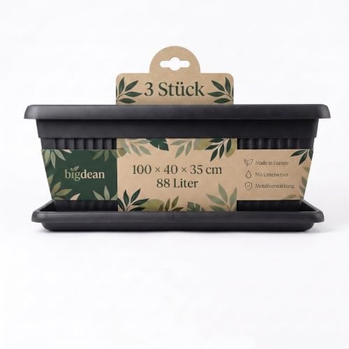 BigDean 3 Stück XXXL Blumenkübel 100×40×35cm 88 L Blumenkasten Blumentopf | Mediterranes Design, Lieferung inkl. Untersetzer, Farbe: Anthrazit, Pflanzkübel, XXXL, Extra-Groß, Pflanztopf