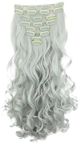 CAISHA XXL 8 Teiliges Set 45cm Langhaarige CLIP IN EXTENSIONS Synthetik Haarverlängerung Haarteil Voluminös Gelockt Hellgrau CES28-1