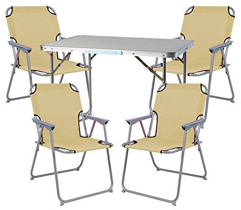 Mojawo 5tlg. Campingmöbel Set Alu Camping L70xB50xH59cm 1x Campingtisch mit Tragegriff + 4 Campingstühle beige Stoff Oxfort