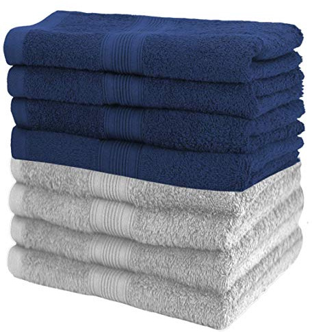 NatureMark 8er Pack Handtücher 50x100cm, 100% Baumwolle, Silber/Dunkelblau, 50 x 100 cm, 8