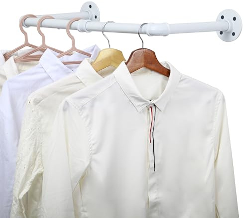 WEBI Wall Mounted Clothes Rail,Clothing Rack Wall Mount,61cm Industrial Pipe Clothes Rack for Hanging,Heavy Duty Garment Rack Bar Retail Display Clothes Rod for Closet,Laundry Room,White