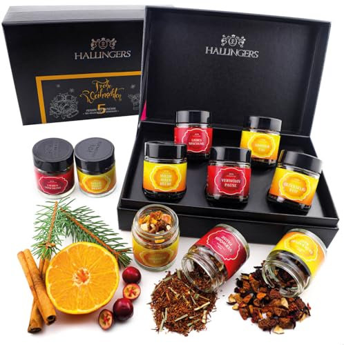 Hallingers Frohe Weihnachten ORANGE - Weihnachtliche 5 Sorten Tee Geschenkset mit Box vegan, Geschenk zur Weihnacht und im Advent (Set) - Geschenkideen Weihnachten & Geschenke Adventskalender | Genesu