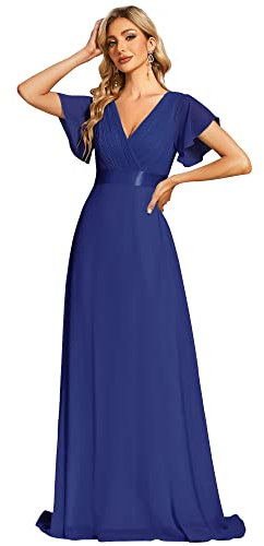 Ever-Pretty A-línea Vestido de Fiesta Largo para Mujer Escote en V Manga Corta Gasa Corte Imperio Azul Zafiro 50