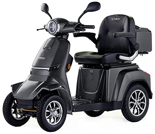 VELECO GRAVIS - Mobilitätsroller mit 4 Rädern – komplett montiert und fahrbereit – stabil und sicher – Volle LED Beleuchtung – geräumiger Stauraum, Getränkehalter - Vierrad (GRAU)