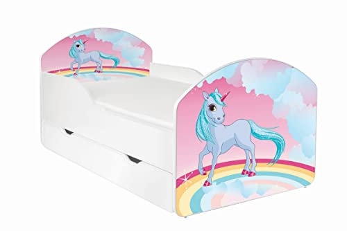 AS-TOR Kinderbett Jugendbett Maja 70x140 mit Matratze und Schublade - Bett Schlafzimmer Kindermöbel Kinderbetten für Mädchen und Junge, Hochwertige Möbelplatte, Solide und Sicher - Einhorn
