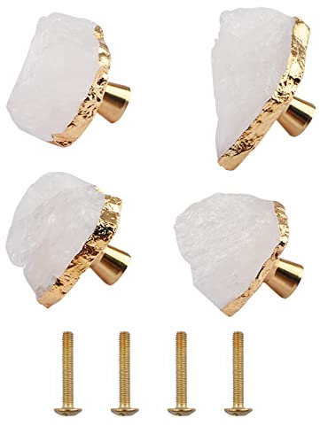 INCREWAY Stone Cabinet Knobs,4PCS Natural Crystal Drawer Handles with Golden Edge Healing Stone Knobs Brass knobs for Cabinet Door