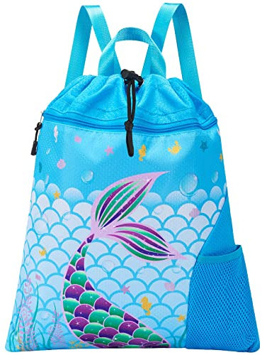 WAWSAM Meerjungfrau Turnbeutel mit Kordelzug - Sportbeutel für Mädchen und Kinder Wasserdichte Schwimmen Strand Gymsack Rucksack Geburtstags mit Tasche für Wasserflasche