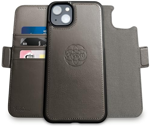 Dreem Vegan Leder Handyhülle für iPhone 14 Plus, Magnetisch & Abnehmbar | Integrierter Handyhalter, RFID-blockierende Kartenhülle, Klapphülle, MagSafe-kompatibel, Geschenkbox [Fibonacci: Grau]