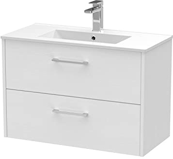 Hudson Reed JNU2126B Juno Modern Bathroom Wall Hung 2-Drawer Vanity with Minimalist Ceramic Basin, 800mm, Woodgrain White Ash