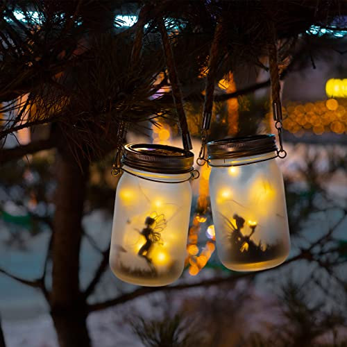 2-Pack Solar Warm White Fairy Jar Lights Glass Waterproof Outdoor Lanterns Garden Gleamingly Hanging Decorations Table Lamp Party Patio Tree Indoor Night Lights Bedroom Anime Gifts for Kids Her Women