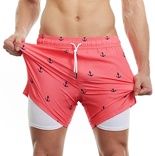 MaaMgic Herren Badehose mit Kompression Badeshorts 2 in 1 | 5.5 Schnelltrocknend lässige Swim Shorts Kurz Boardshorts mit Innenhose Reißverschlusstasche XS - XXL,Rosa Anker 5.5,L