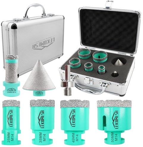 Set di Punte Diamantate - 7pezzi (20mm Punte Fresa Diamantate +25/35/45/50mm+50mm Punte per Smusso+Adattatore) LEKOMESH Seghe a Tazza per Porcellana Piastrella Ceramica Granito Marmo