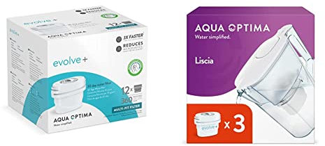 Aqua Optima Water Filter Cartridge - Evolve+ 12 Pack & Liscia Water Filter Jug & 3 x 30 Day Evolve+ Filter Cartridges, 2.5 litre Capacity, White