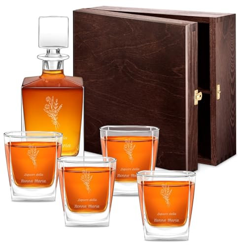 Maverton set Decanter da whisky con 4/6 bicchieri - incisione personalizzata - Caraffa vetro con tappo 810 ml - Bottiglia per whisky - pensiero originale donna - per compleanno - Liquore