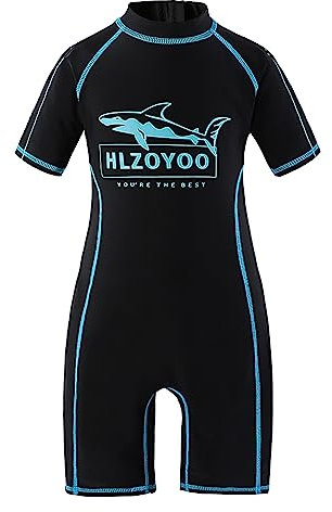 Xumplo Boys Swimming Costume Kids One Piece Swimsuit Short Sleeve Beach Swimwear Shark Rash Guard Bathing Suit Black 5-6 Years