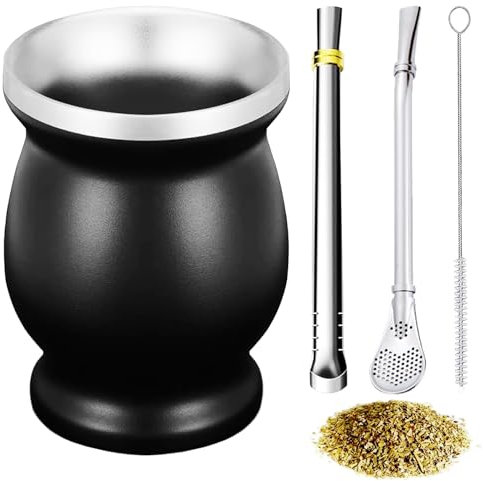 ABM&Y Yerba Mate - Juego de taza y bombilla, kit de taza de té de calabaza con 2 pajitas y cepillo de limpieza, cómodo viaje, acero inoxidable, doble pared, antiquemaduras, fácil de limpiar (negro A)