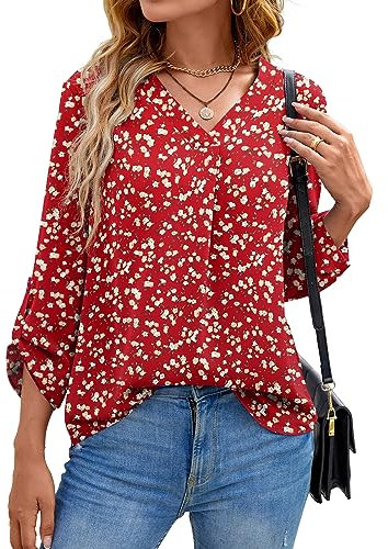 Yommay Women's Blouses Ladies Tops Elegant 3/4 Sleeve Chiffon Casual Fashion V-Neck T Shirts for Fall,MM F Red,M