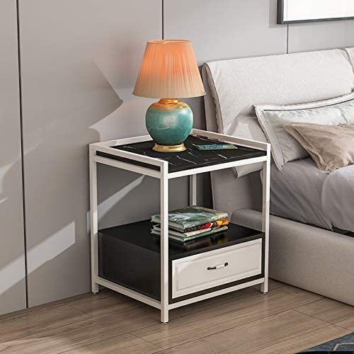 Metall-Beistelltisch mit Schublade, abnehmbarer quadratischer Beistelltisch, Tabletttisch, stabiler Couchtisch mit Metallrahmen, wasserdichter Snack-Tisch für Zuhause, Sofa, Weiß, A, 40 x 40 x 52 cm