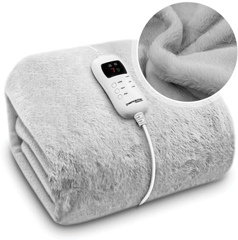 Dreamcatcher Light Grey Faux Fur Heated Throw Electric Blanket, 160 x 120cm Heated Blanket Machine Washable Soft Fleece Electric Throw Overblanket with 9HR Timer and 9X Control Heat Settings