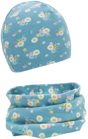 FORUHOO Baby Mädchen Beanie Mütze + Schlauchschal 2er Set, Wintermütze für Jungen Mädchen Baumwolle(Blau Daisy,44-48)