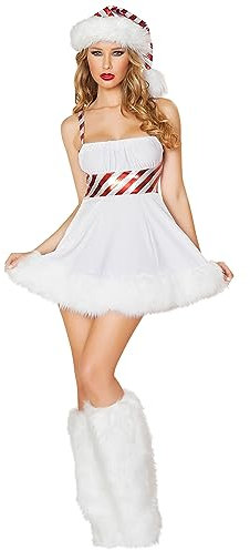 Petalum Kostüm Mutter Weihnachten Damen Sexy 3-teiliges Kostüm Miss Santa Kleid Weiß kurz eng anliegend mit gestreiften Trägern + Beinwärmer aus Plüsch + weiche Mütze