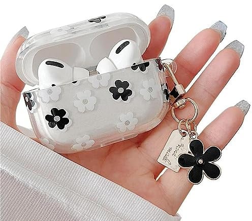 MINSCOSE Kompatibel mit AirPods Pro Klar Hülle,Niedliches Cartoon Blumenmuster Design mit floralem Schlüsselanhänger,Weiches TPU Schützendes Stoßfestes Gehäuse für AirPod Pro für Mädchen-Schwarz