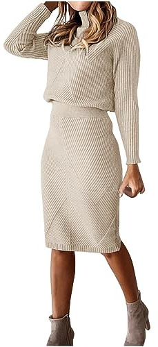 AMhomely Women 2 Piece Outfit Set Y2K Sexy Slim Crop Top and Skirt Co-Ord Suit Women Ribbed Knitted Skirts Suit Long Sleeve Sweater Wrap Skirts Casual Outfits Elegant Knitted Outfits Going Out