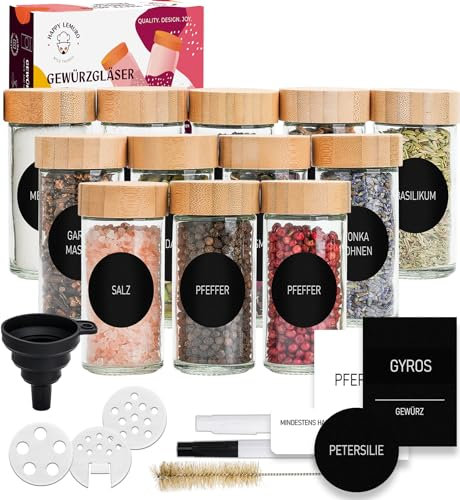 Happy Lemuro Lot de 24 Pots à Épices Ronds [12 x 100 ml] Avec 399 Étiquettes, Couvercles en Bambou | Récipient Avec Couvercles en Bois et Nombreux Accessoires