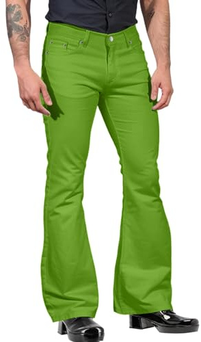 60er 70er Jahre Herren Kostüme Zubehör Hippie Hosen Bell Bottom Ausgestellte Hosen Schlaghosen für Männer Theme Party Halloween Cosplay, Faschingkostüm, Karneval (1-Green, L)