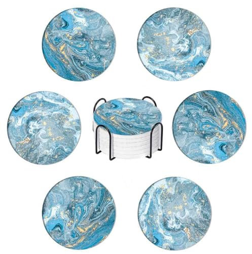 Aieino Drink Coasters Set of 6 with Stand, Cork Base Round Coaster Ceramic Marble Absorbent Cup Mats Non-scratch for Home, Office, Bar, Coffee Cups, Drinks, Mugs, Glasses, Blue