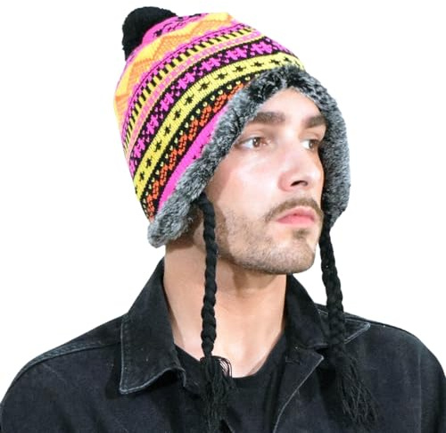 Basic Sense Chapeaux d'hiver péruviens avec pompon flocon de neige doublé polaire chaud pour homme et femme, 116 - Rose fluo, taille unique