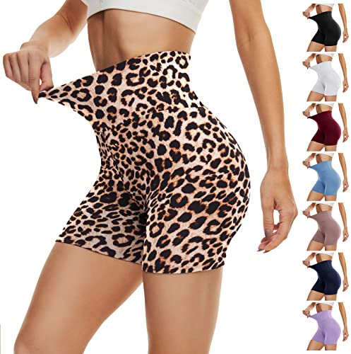 DDOBB Radlerhose Damen Kurze Shorts Sporthose Leggings Blickdicht High Waist Elastisch Unterhosen Fitness Hotpants Sommer Boxershorts(Leopard,L-XL)