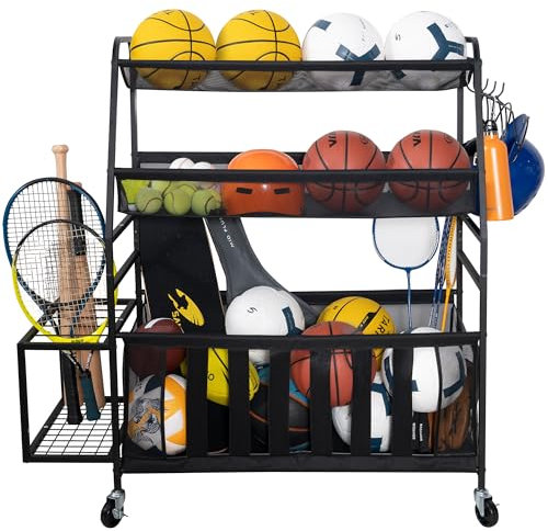 STORAGE MANIAC Ball Storage Bin Rolling Sports Ball Cart, Metal Garage Organizer Sport Rack Basketball Storage Cage for Garage or Gym, Indoor & Outdoor Sports Equipment Organizer Extra Large