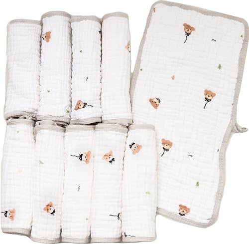 FENSILO Spucktücher Baby|10er 4 Lagig 25x50|Musselintücher|Mulltücher|Mullwindeln|Stoffwindeln|Jungen und Mädchen| Waschlappen|Faltwindeln|Premium Qualität|weiß-Bear