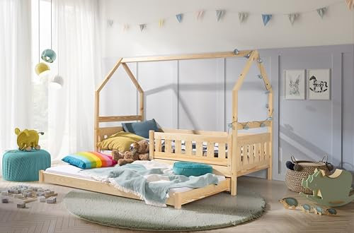 KEF Lily Kinderbett 90x180 cm - Hausbett für Zwei Kinder - Bodenbett aus Holz - Babybett mit Zwei Matratzen - Floor Bed - Jugendbett mit Lattenrost mit Rollen für Kinderzimmer - Kiefer