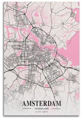 BPQN Vintage-Karten-Poster, Europa, Niederlande, Amsterdam, dekoratives Gemälde, Leinwand, Kunstbild, 30 x 45 cm