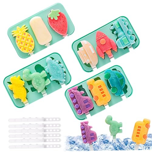 Pastoralist Moldes de Paleta de Silicona, 4pcs 3 cavidades moldes de paletas de bebé con Tapa & 24 Palos, Molde de Helado de bpa Frutas de Dinosaurio Lindo Pastel de cocción de Coches de Hielo Molde