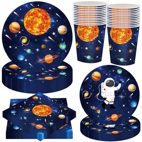 HFFJJLTU 96Pcs Astronaut Party Tableware, Outer Space Theme Birthday Party Set, Paper Plates, Napkins and Cups Dinnerware Set for Boys Girls Kids, Outer Space Party Decorations for 24 Guests