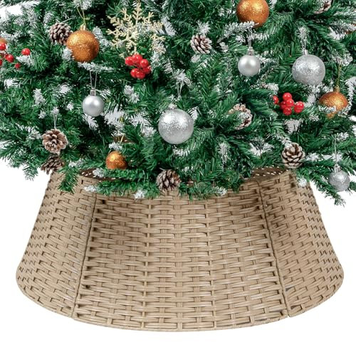 CubesLand Collar para árbol de Navidad, falda de árbol de Navidad de 26.7 pulgadas, 5 piezas hechas a mano, cubierta de base de árbol de Navidad de mimbre, decoración rústica para árbol de Navidad,