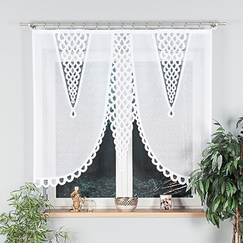 Gardinen Vorhangen Weiß 160x140 cm (BxH) Fabio Stores Küchengardinen Gardinen Kurz Jacquard Scheibengardine Vorhänge Fertiggardine Bogen Kurzstores Bistrogardine