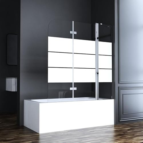 Goezes 160x140cm Duschwand für Badewanne 3-teilig Faltbar Duschabtrennung mit festem Segment, Gestreift Glas Badewannenaufsatz aus 6mm ESG Sicherheitsglas, 160cm Breite Duschtrennwand