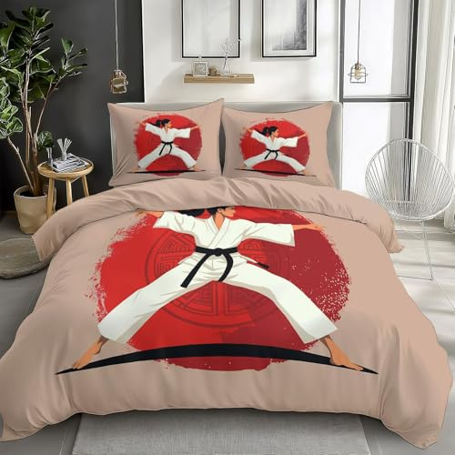 Quixora 3-teilig Bettwäsche Set Hellbraun Bettbezüge für Kinder und Teenager, mit Karate-Frau Thema 135 x 200 cm + 2 Kissenbezügen, Dekor-Bettwäsche